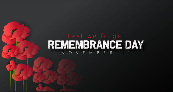 Remembrance day with typography decorated by red poppies. Lest we forget typography poster, Card