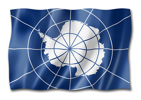 Antarctic Treaty System flag. Waving banner collection. 3D illustration