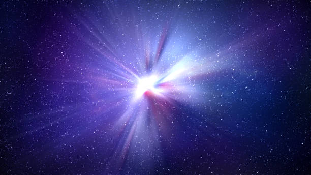 istock Burst of light in space. Night blue starry sky horizontal background 1427477721