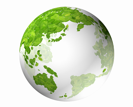 The bright green leaf-shaped world map is also perfect for the image of environmental protection.