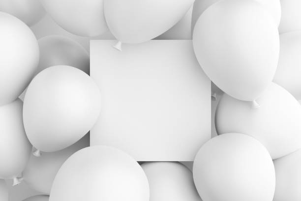 istock Empty blank white sign or frame surrounded with white air balloons. Background or mockup for celebrations, party, greetings and invitations. 1427478013