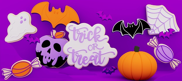 3D render illustration of Halloween theme cookies with the shape of pumpkin, ghost, bat, skull, poison apple, spiderweb and a calligraphy of a trick or treat candy.