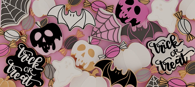 3D render illustration of Halloween theme cookies with the shape of pumpkin, ghost, bat, skull, poison apple, spiderweb and a calligraphy of a trick or treat candy. Pink concept.