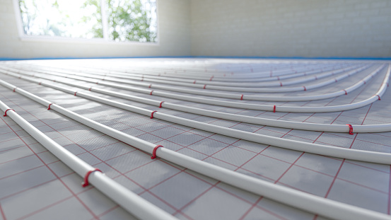 Underfloor heating - distribution of pipes on the surface - assembly of the installation - 3d illustration