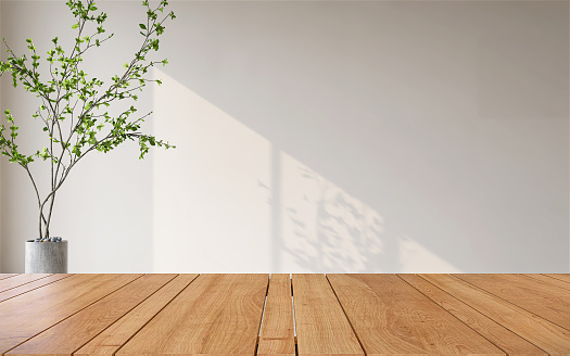 Wooden tabletop or countertop in modern and minimal white wall room with pot of tropical tree with sunlight from window at home
