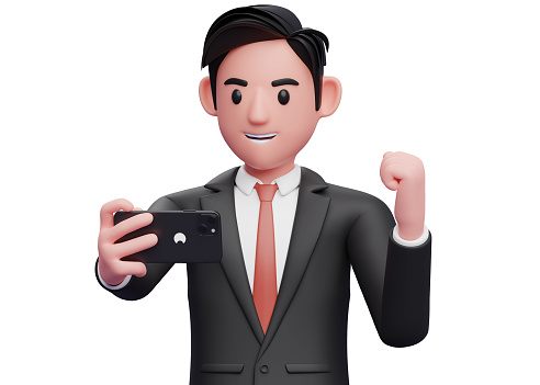 close up of businessman in black formal suit looking phone screen and celebrating, 3d illustration of businessman using phone
