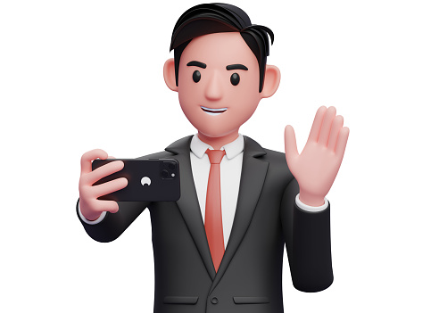 close up of businessman in black formal suit make a video call waving hand say hello, 3d illustration of businessman using phone