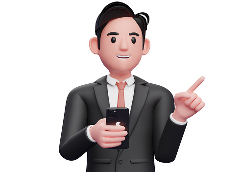 close up of businessman in black formal suit pointing to the side choosing gesture and holding a phone, 3d illustration of businessman using phone