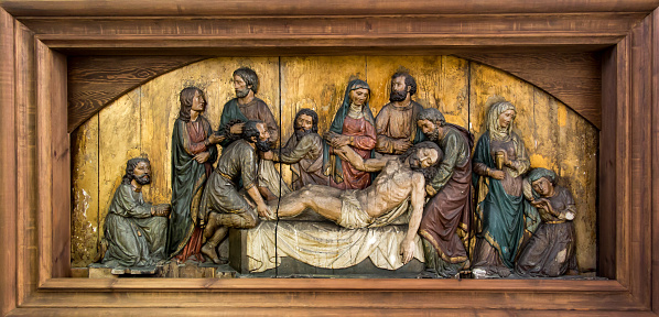 Gdansk, Poland, May 15, 2022: Interior of St. Mary's Basilica in Gdansk, Poland. Bas-relief with the scene of the Entombment.