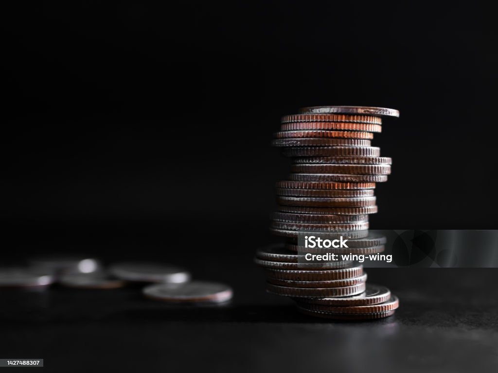 Black Coin Stack Stack Coin Closeup On Black Background Stock Photo - Download Image Now ...