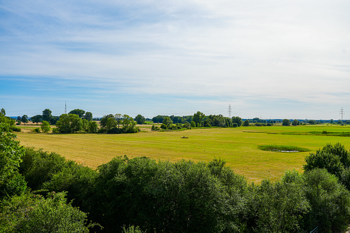 Ahsewiesen nature reserve in the Lippetal. Landscape with fields and meadows.