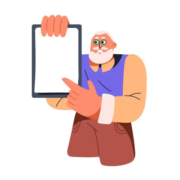 Vector illustration of Senior man showing, pointing at blank empty paper on clipboard. Happy old elderly person, professor advertising, presenting smth at tablet screen. Flat vector illustration isolated on white background