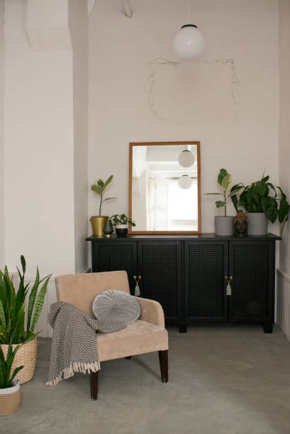 istock Bathroom interior with black chest of drawers 1427492064