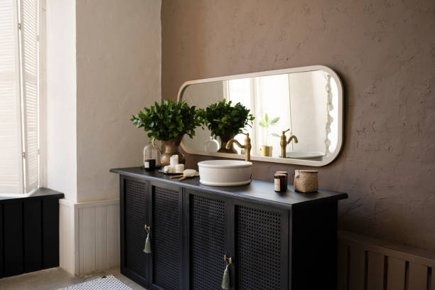 istock Bathroom interior sink on wooden countertop 1427492258