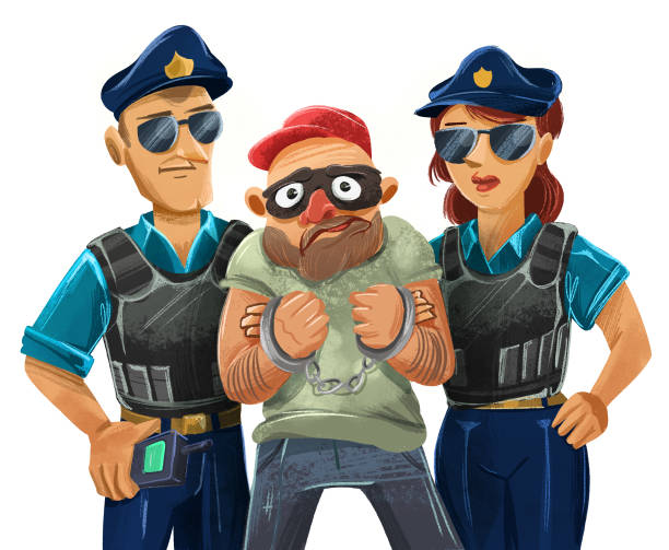 illustrations, cliparts, dessins animés et icônes de un policier et une policière arrêtent un criminel menotté - medium shot illustrations
