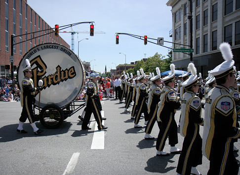 Indianapolis, Indiana, USA-May 24,2008:Purdue University Marching Band with World Largest Drum at 500 Festival Parade at Downtown Indianapolis.