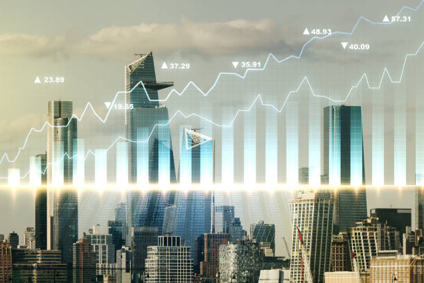 istock Multi exposure of virtual creative financial chart hologram on New York skyscrapers background, research and analytics concept 1427493904