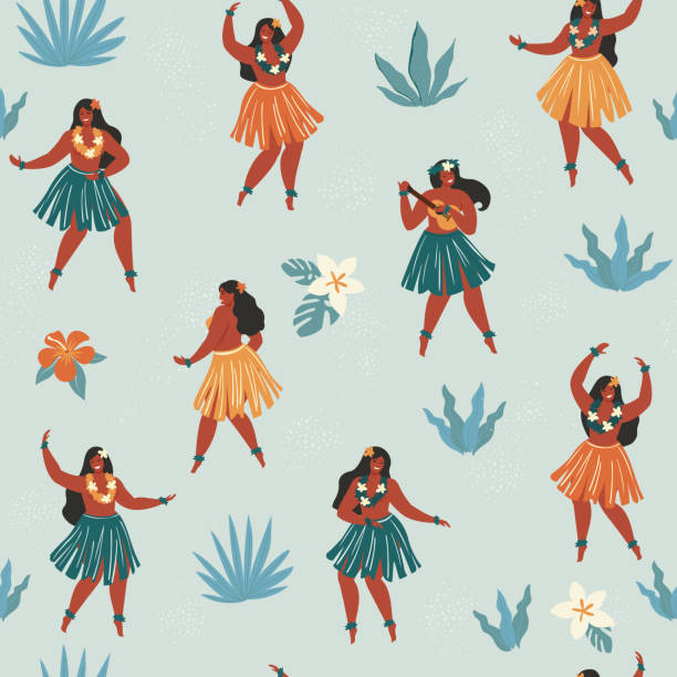 Hawaii dance seamless pattern. Girls playing ukulele and dancing Hula. Summer travel Hawaiian print with cute cartoon characters. Hawaii dance seamless pattern. Girls playing ukulele and dancing Hula. Summer travel Hawaiian print with cute cartoon characters. hula dancing stock illustrations