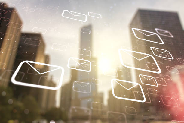 Abstract virtual postal envelopes illustration on office buildings background. Email and communications concept. Multiexposure