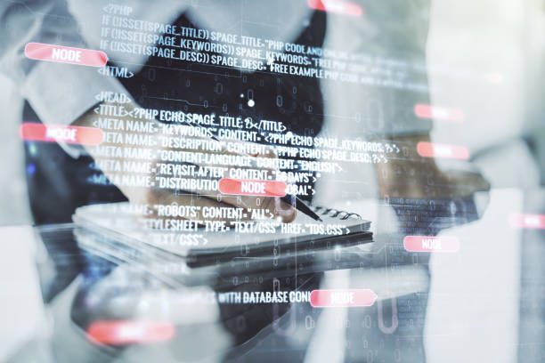 istock Multi exposure of abstract graphic coding sketch with man hand writing in diary on background, big data and networking concept 1427494310