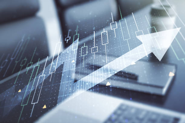 istock Double exposure of abstract creative financial diagram with upward arrow on computer background, growth and development concept 1427494592