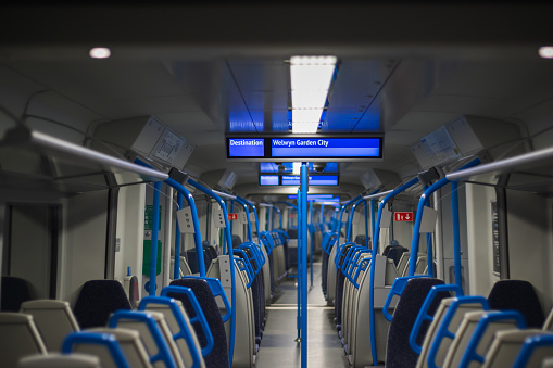 Interior of empty train carriages in London, England