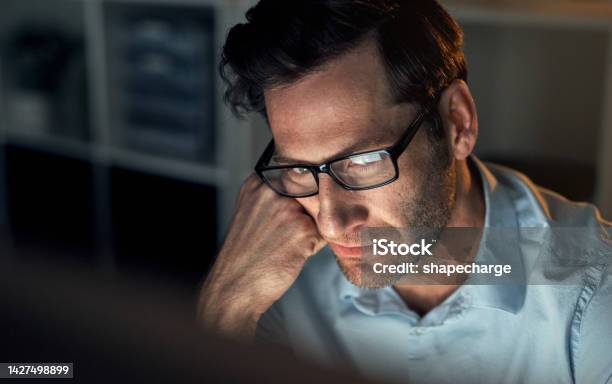 Stress Anxiety And Burnout Man Working At Night To Finish Deadline Project Delay At Work Depression Frustrated Or Mental Health Of Corporate Person Sad And Tired Of Research At Corporate Business Stock Photo - Download Image Now