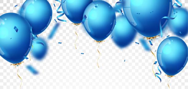 istock Birthday Celebrations banner with blue, white balloons and confetti 1427499710