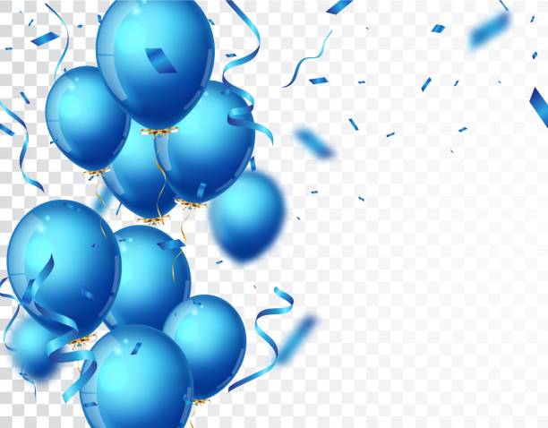 istock Birthday Celebrations banner with blue, white balloons and confetti 1427499747