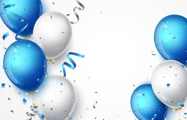istock Birthday Celebrations banner with blue, white balloons and confetti 1427499811