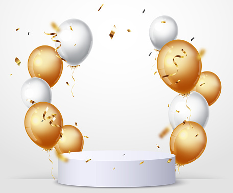 istock Podium display with gold and silver confetti and balloons 1427500495