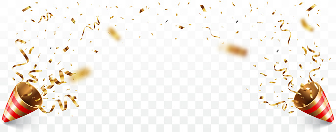 Vector Illustration of Exploding golden party popper with confetti and ribbon banner

eps10