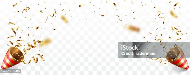 istock Exploding golden party popper with confetti and ribbon banner 1427500585