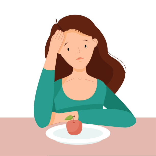 Anorexia. A sad young woman is sitting with an empty plate with an apple. The girl is sick of food. Diet risk. Anorexia. A sad young woman is sitting with an empty plate with an apple. The girl is sick of food. Diet risk. Vector flat illustraton. eating breakfast stock illustrations