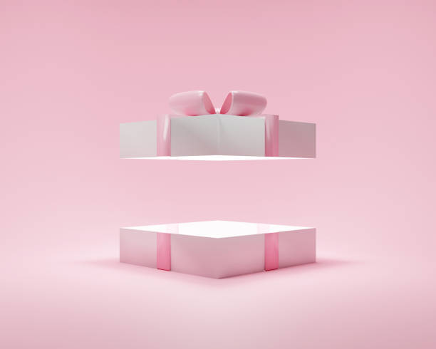 Surprise gift box 3d pink background abstract with open present Christmas pastel ribbon for birthday party, new love Valentine's Day or Mother's Day.