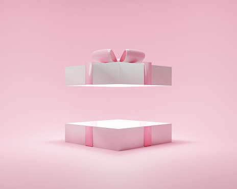 Surprise gift box 3d pink background abstract with open present Christmas pastel ribbon for birthday party, new love Valentine's Day or Mother's Day.