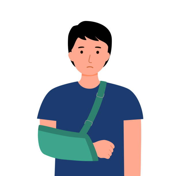 Man with broken arm in flat design on white background. Arm sling concept. Man with broken arm in flat design on white background. Arm sling concept. arm sling stock illustrations