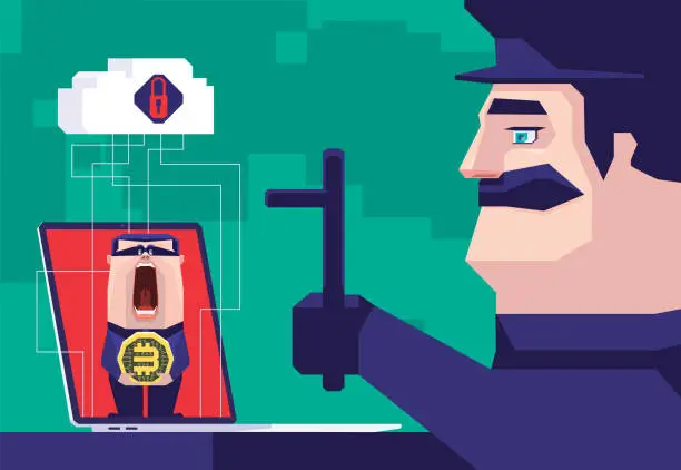 Vector illustration of surprised hacker holding electronic coin and meeting security guard on laptop