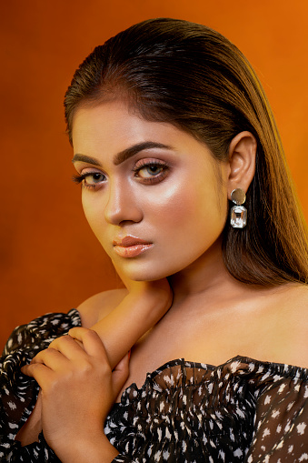 Beautiful Indian Model High Fashion Western  Look Created by a Makeup artist,Model Photography Stock Photo