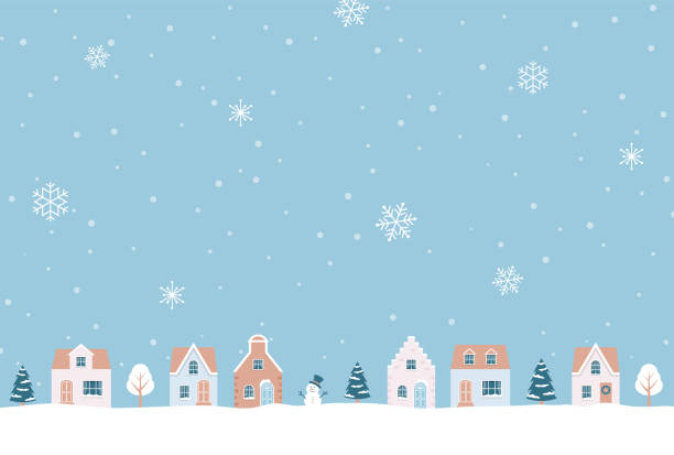バナー、カード、チラシ、ソーシャルメディアの壁紙などのための雪の中の家や木々とクリスマスのベクトルの背景 - christmas snow点のイラスト素材／クリップアート素材／マンガ素材／アイコン素材