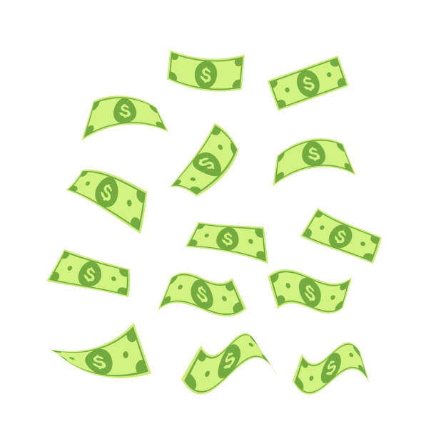 latające pieniądze. kreskówkowe spadające rachunki pieniężne. latający zielony banknot dolarowy - pennies from heaven obrazy stock illustrations