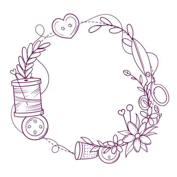 Vector illustration of Circle banner template for hand made, knitting, sewing. Frame with sewing and knitting attributes in sketch style