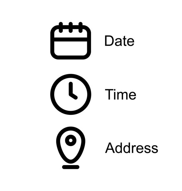 Date and time location address icon in flat style. Event message vector illustration on isolated background. Information sign business concept Date and time location icon in flat style. Event message vector illustration on isolated background. Information sign business concept. time stock illustrations