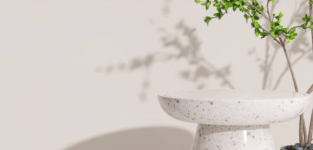 istock Elegant white round granite stone pedestal table and Asian tropical tree with sunlight from window on cream wall 1427512170