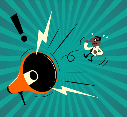 Cartoon Characters Design Vector Art Illustration.
A big angry megaphone is shouting at a businessman.
