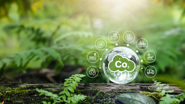 水晶玉にアイコンを付けた持続可能性とグリーンビジネス。再生可能エネルギーコンセプトco2排出量削減コンセプト、環境再生可能エネルギーを使用したグリーンビジネス。変化, 天気 - 脱炭素 ストックフォトと画像