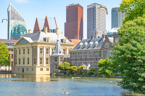 The Hague Hofvijver pond with the Binnenhof government buildings housing the States General of the Netherlands: the Senate (Eerste Kamer) and the House of Representatives (Tweede Kamer). Also the Ministry of General Affairs and the office of the Prime Minister of Netherlands are located next to the Hofvijver.
