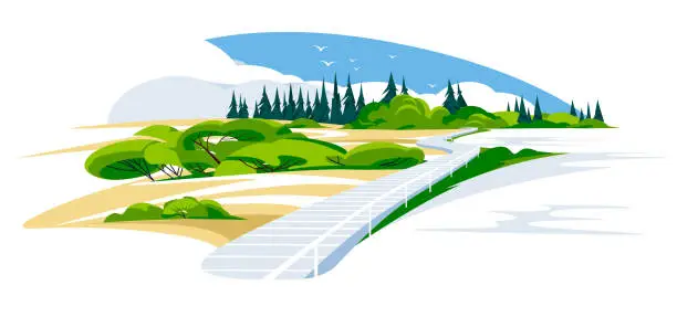 Vector illustration of a pier like a road on a quiet mountain lake. Horizon, green and coniferous trees. Tourism and recreation vacation concept, vector flat illustration