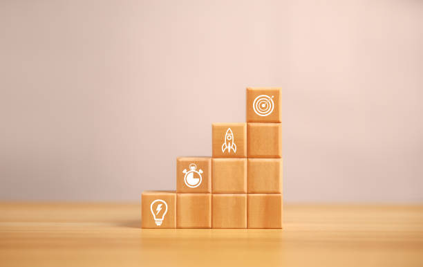 arrangement of wooden blocks. iconic icons of business strategy, including goal-building elements and action plans. concept of investment goals to professional growth and success. with clipping path. - block puzzle organization solution imagens e fotografias de stock