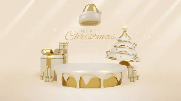 Vector illustration of Product display podium with golden santa claus hat element and christmas tree with ball and gift box decoration and glitter light effect with stars. Vector illustration.